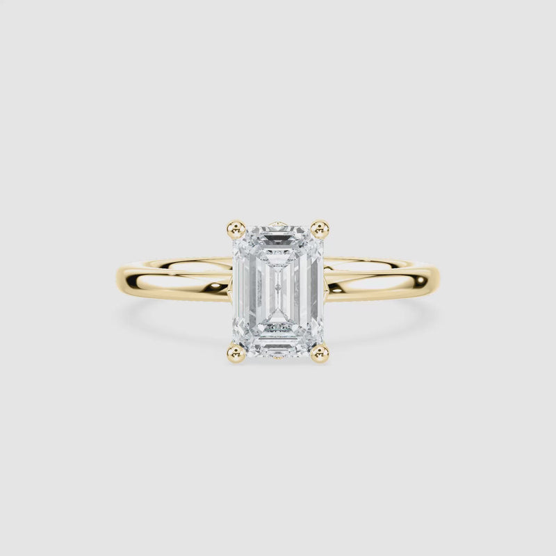 Rosey Blüten-Solitaire Verlobungsring – Smaragdschliff – Gelbgold – Video
